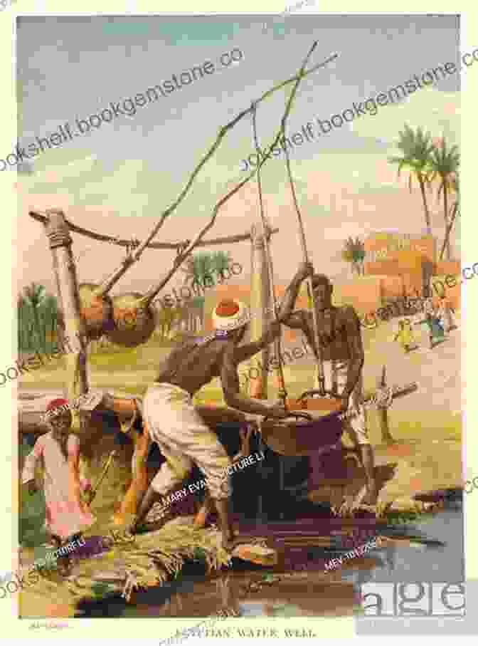A Depiction Of Ancient Egyptian Farmers Using The Shaduf To Irrigate Their Crops, With Canals, Reservoirs, And Lush Fields In The Background. Lost Ancient Technology Of Egypt